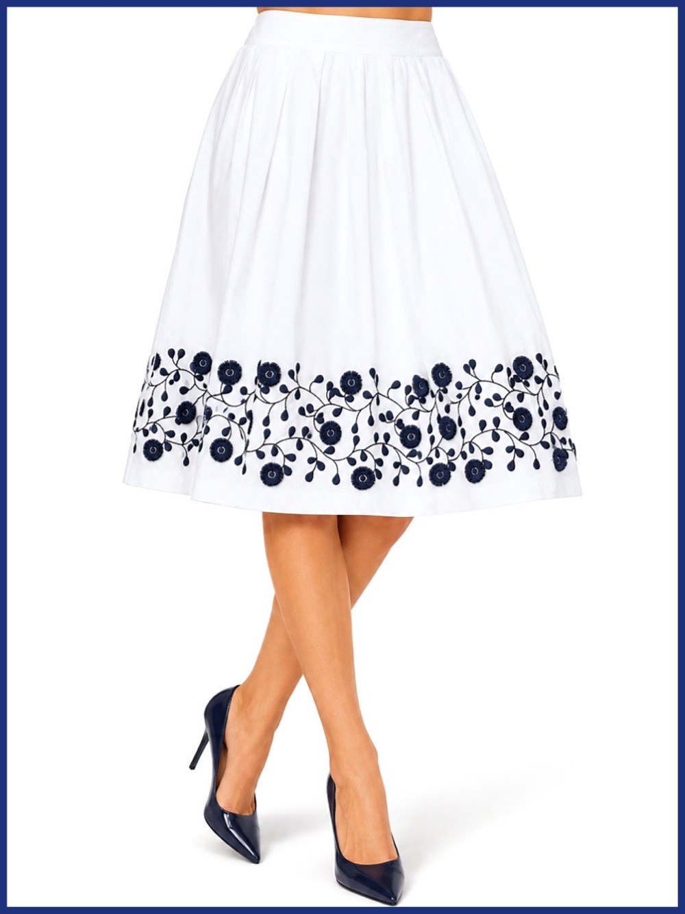 Talbots Embroidered Cotton Navy Blue & White Skirt